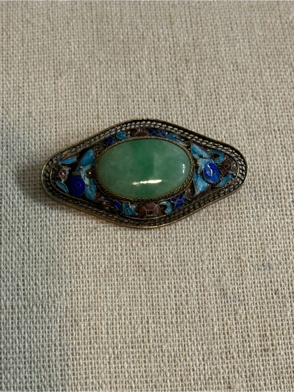 Antique Chinese Export Jade Enamel Filigree Brooch Pin Gilt Silver Oval